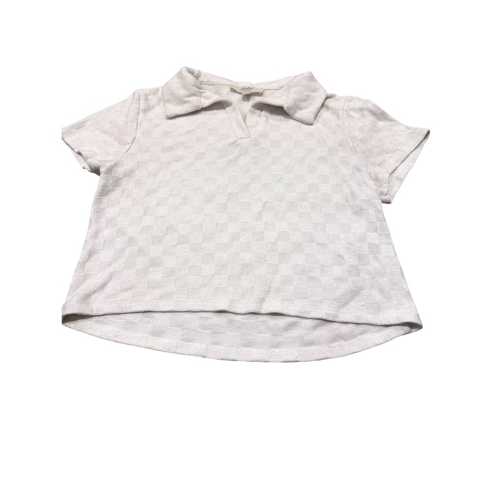 Atelier by Kirious Cream Checkerboard Jacquard Polo V-Neck Knit Top Large